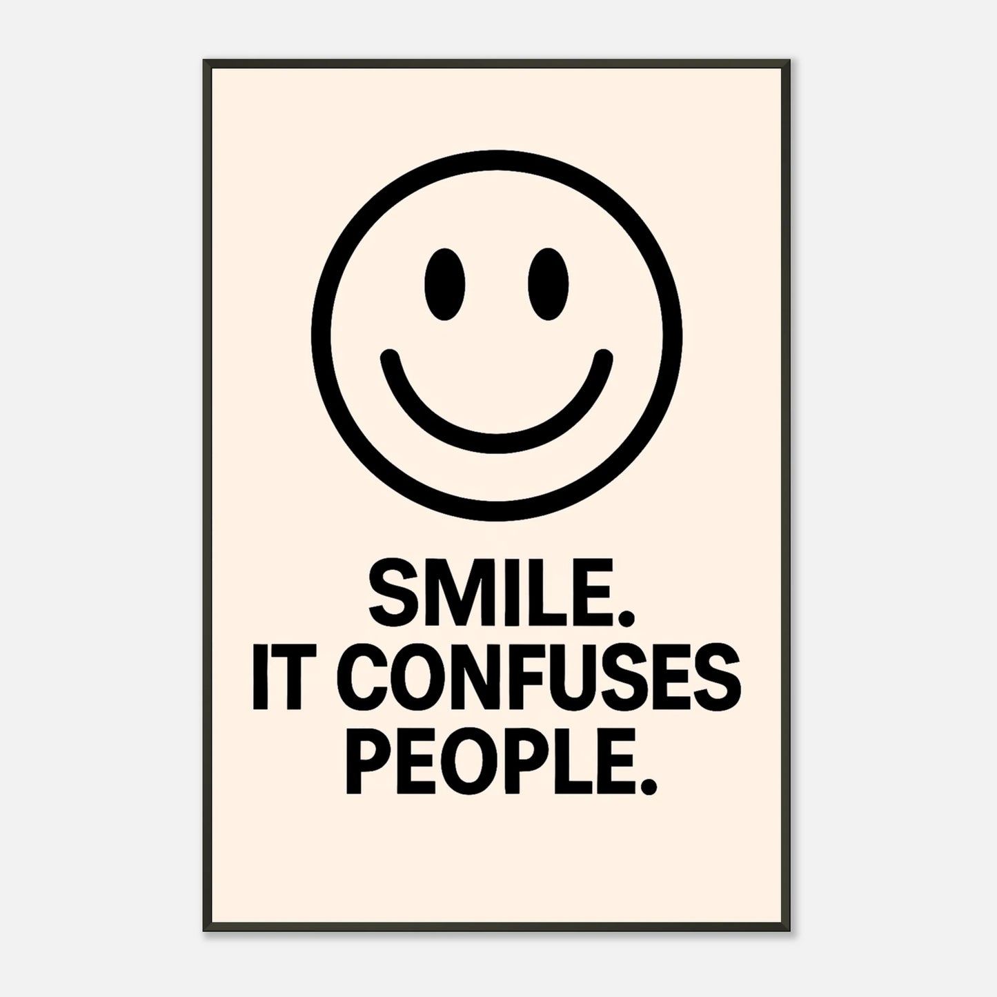 Smile Cream smiley quote wall art in black metal frame front view with modern minimalist typography