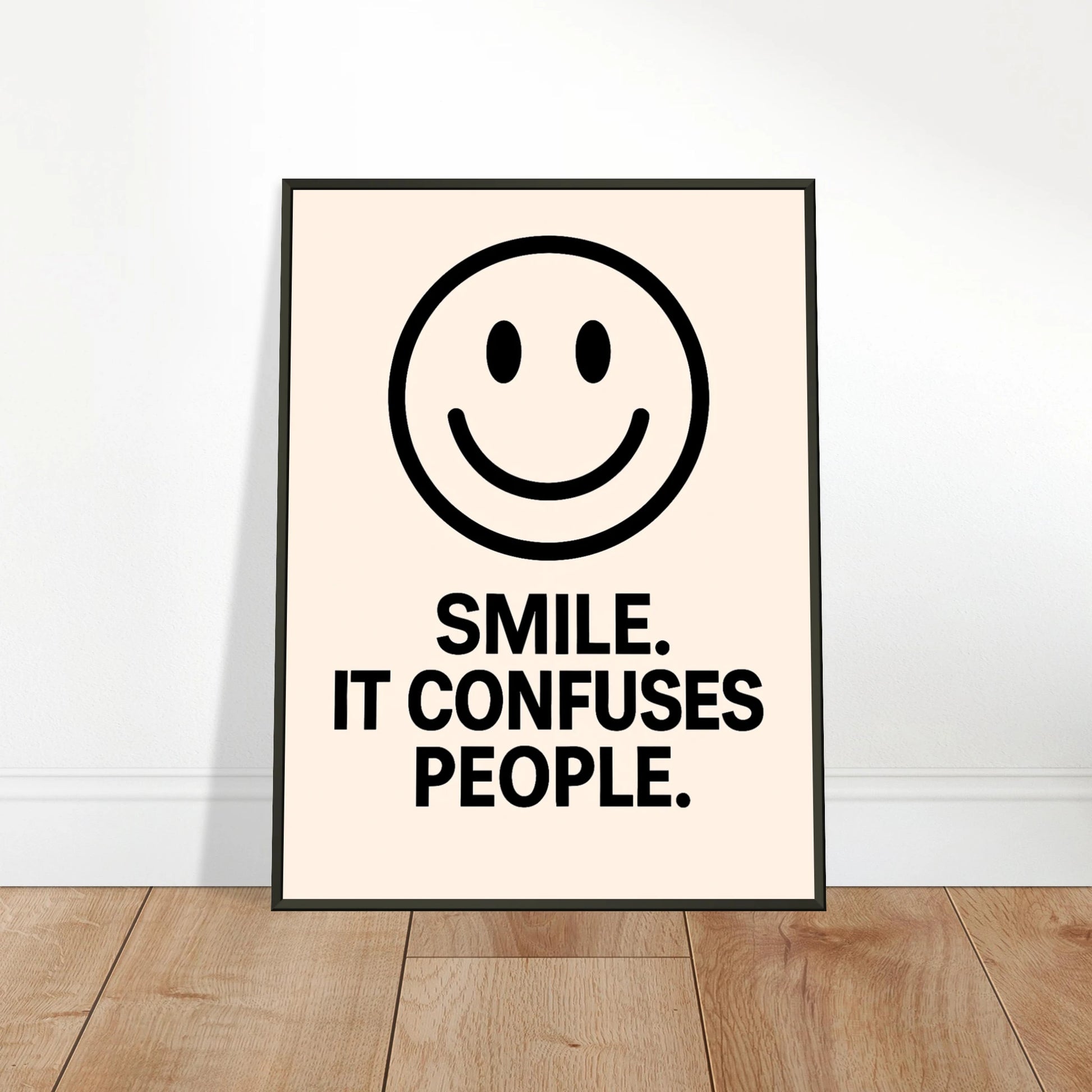 Smile Cream wall art poster leaning against wall in black metal frame modern hallway decor mockup
