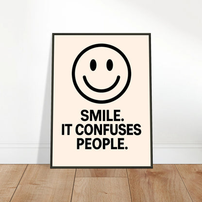Smile Cream wall art poster leaning against wall in black metal frame modern hallway decor mockup