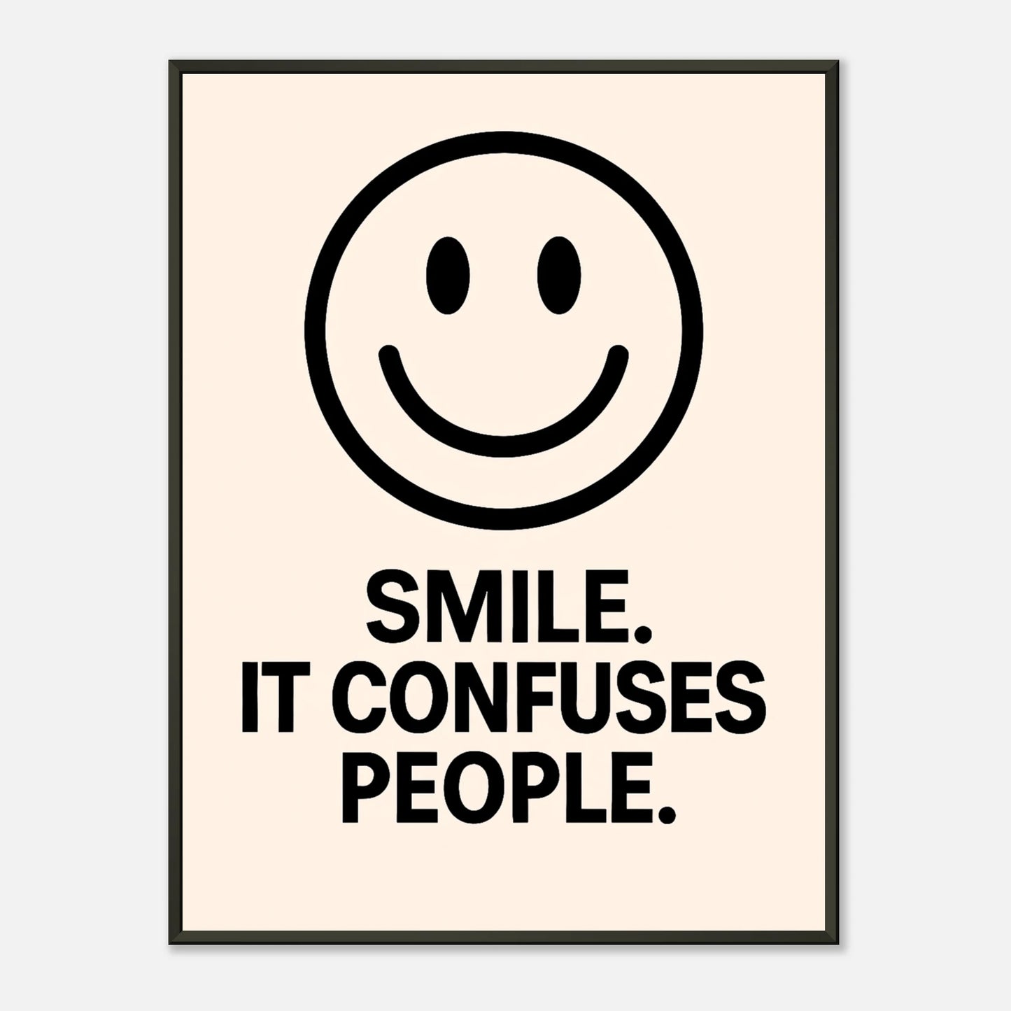 Smile Cream wall art poster in black metal frame featuring minimalist smiley face and bold typography quote design
