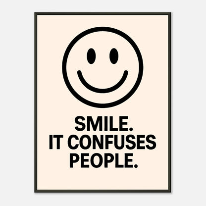 Smile Cream wall art poster in black metal frame featuring minimalist smiley face and bold typography quote design