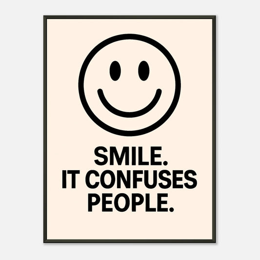 Smile Cream wall art poster in black metal frame featuring minimalist smiley face and bold typography quote design