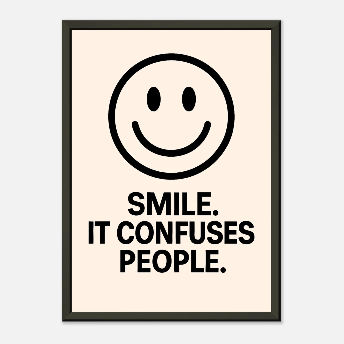 Smile Cream minimalist smiley poster in black metal frame clean studio presentation