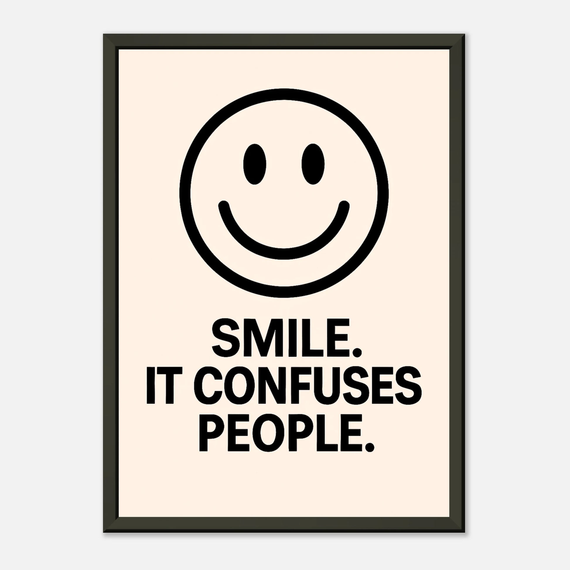 Smile Cream minimalist smiley poster in black metal frame clean studio presentation