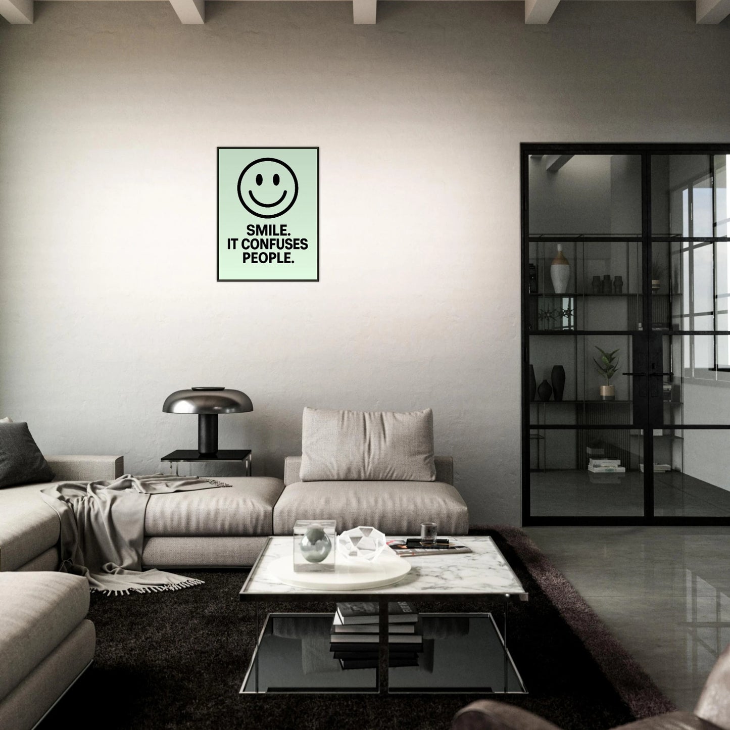 Smile Fresh Mint quote poster in black metal frame styled in dark modern living room setting