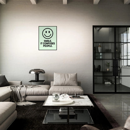 Smile Fresh Mint quote poster in black metal frame styled in dark modern living room setting