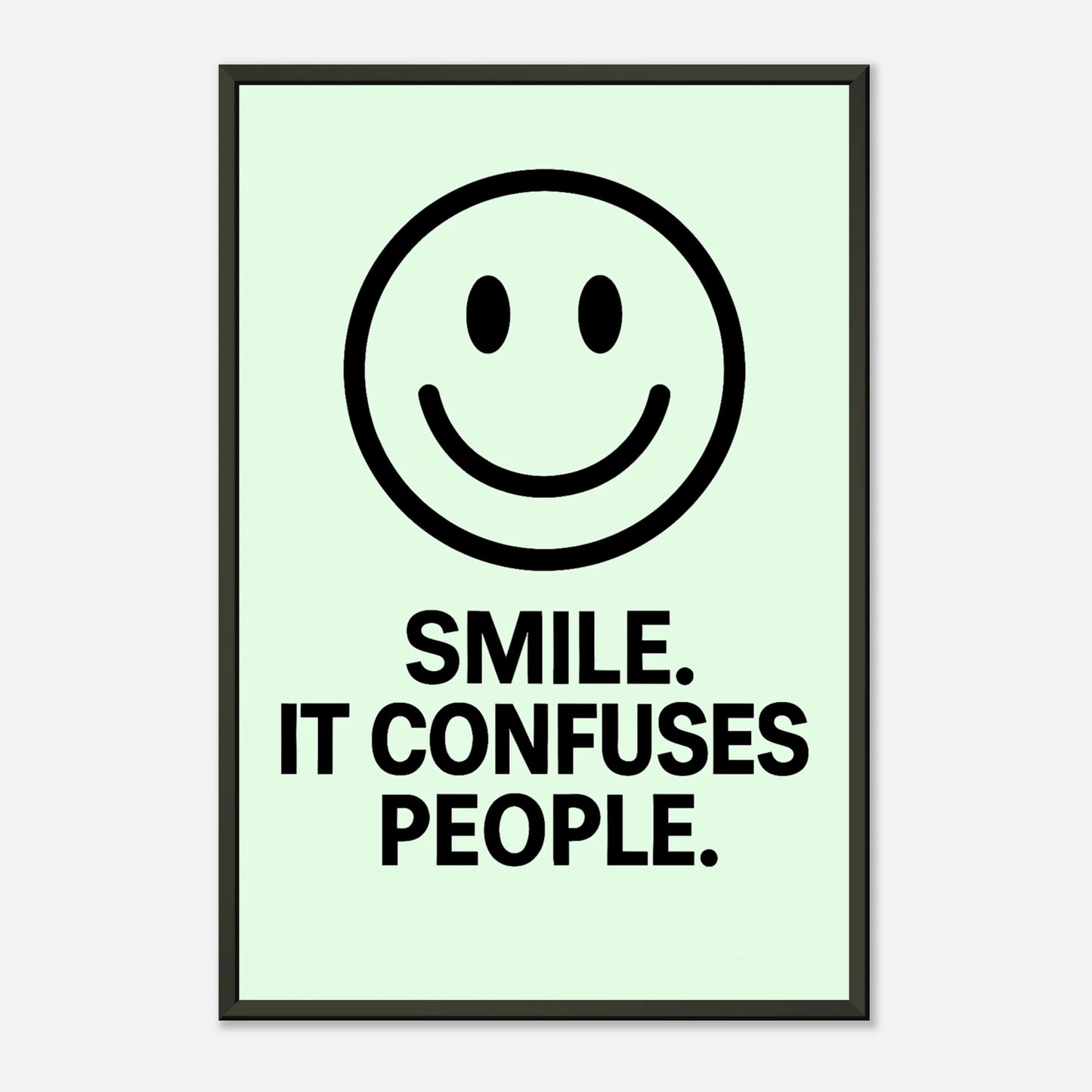 Smile Fresh Mint typography wall art print in black metal frame with mint green background and smiley graphic