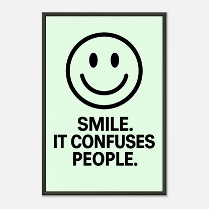 Smile Fresh Mint typography wall art print in black metal frame with mint green background and smiley graphic