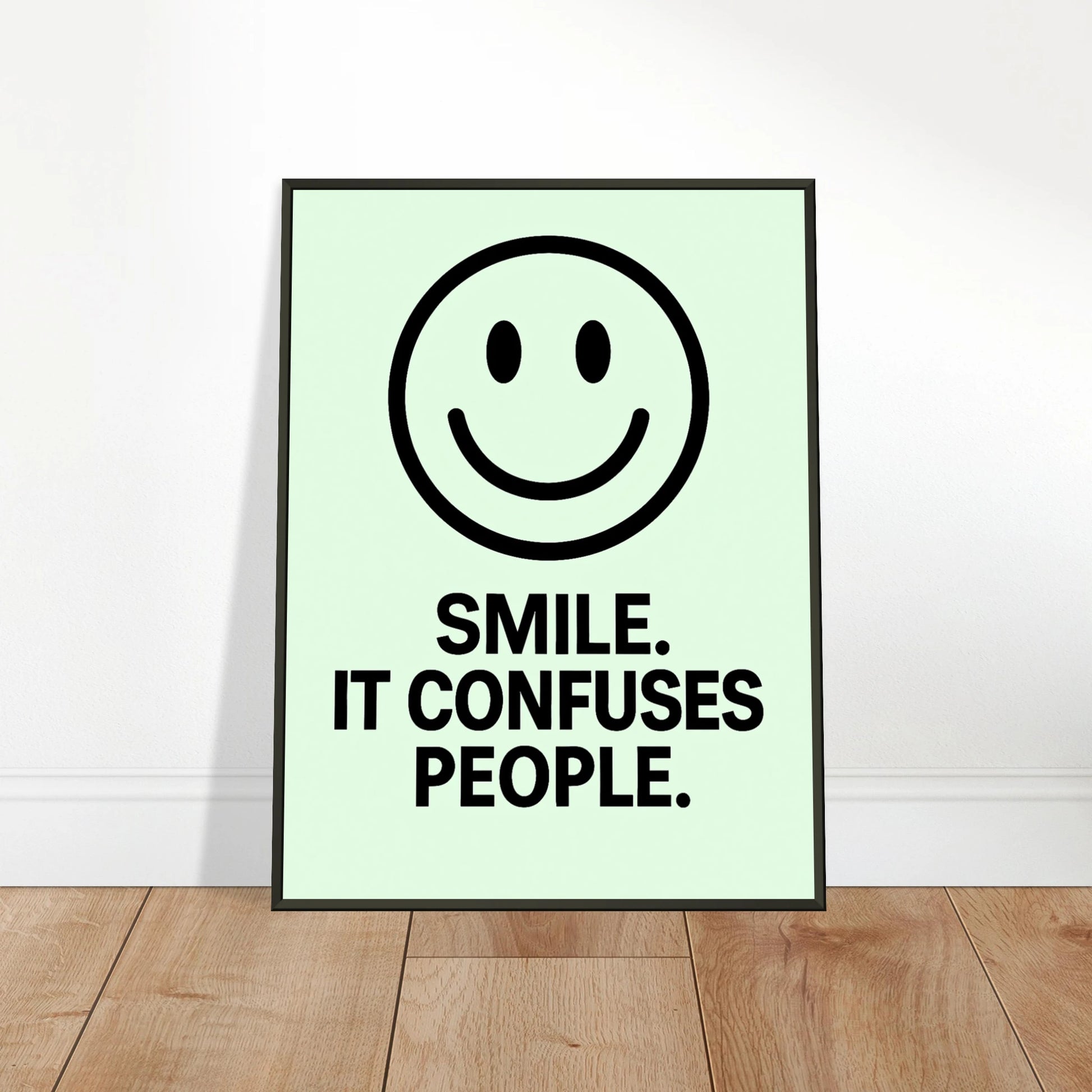 Smile Fresh Mint wall art poster leaning against wall in black metal frame modern hallway decor mockup
