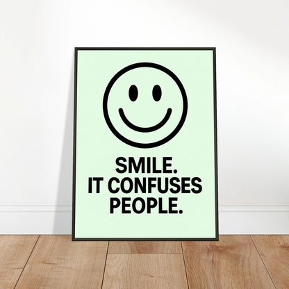 Smile Fresh Mint wall art poster leaning against wall in black metal frame modern hallway decor mockup