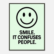 Smile Fresh Mint wall art poster in black metal frame featuring minimalist smiley face and bold typography quote design