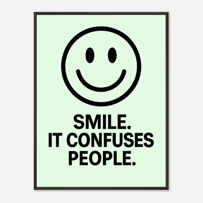 Smile Fresh Mint wall art poster in black metal frame featuring minimalist smiley face and bold typography quote design