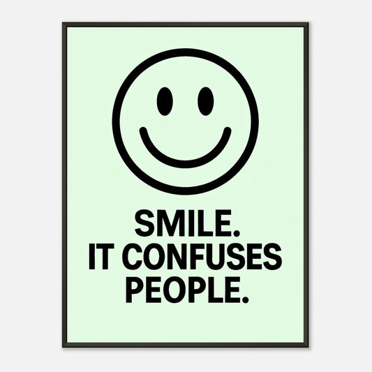 Smile Fresh Mint wall art poster in black metal frame featuring minimalist smiley face and bold typography quote design