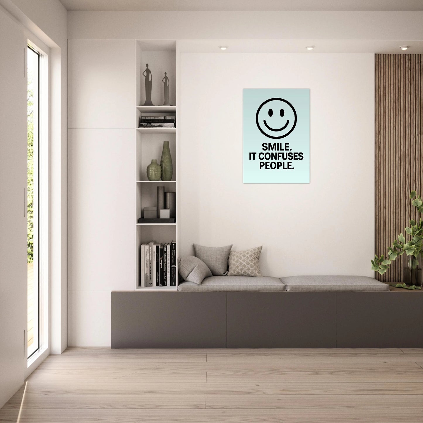 Smile ice blue poster – funny minimalist wall art with quote in bright modern living room decor

