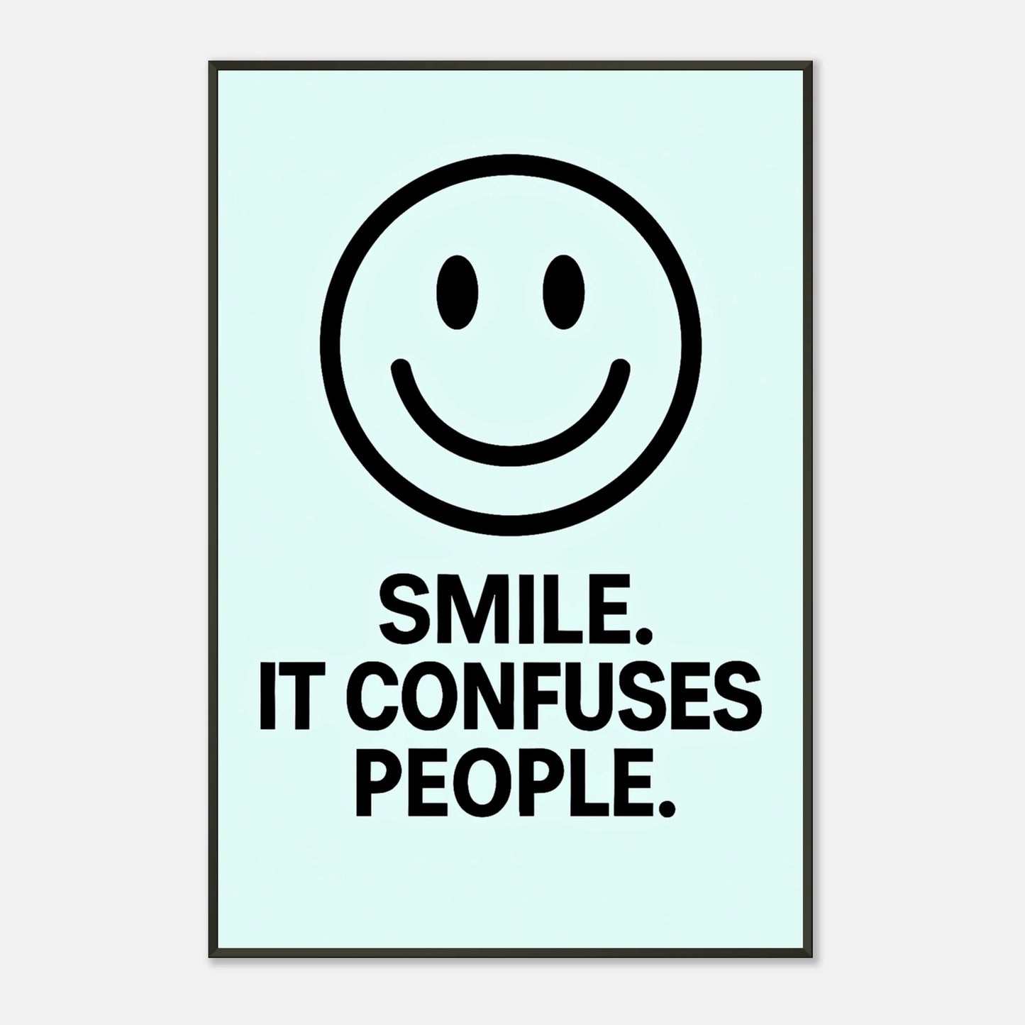 Smile ice blue wall art print in black metal frame with modern smiley quote typography