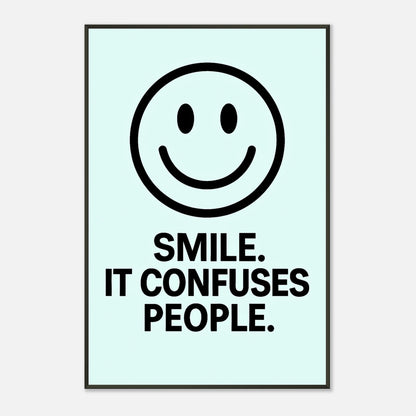 Smile ice blue wall art print in black metal frame with modern smiley quote typography