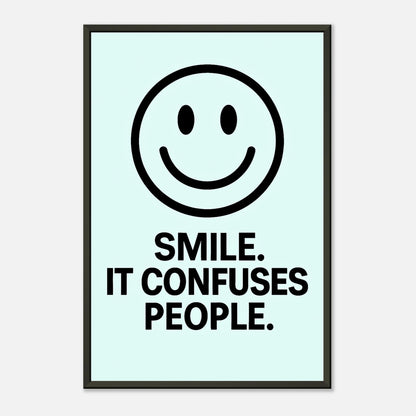 Smile ice blue typography wall art poster in black metal frame front view with bold smiley design