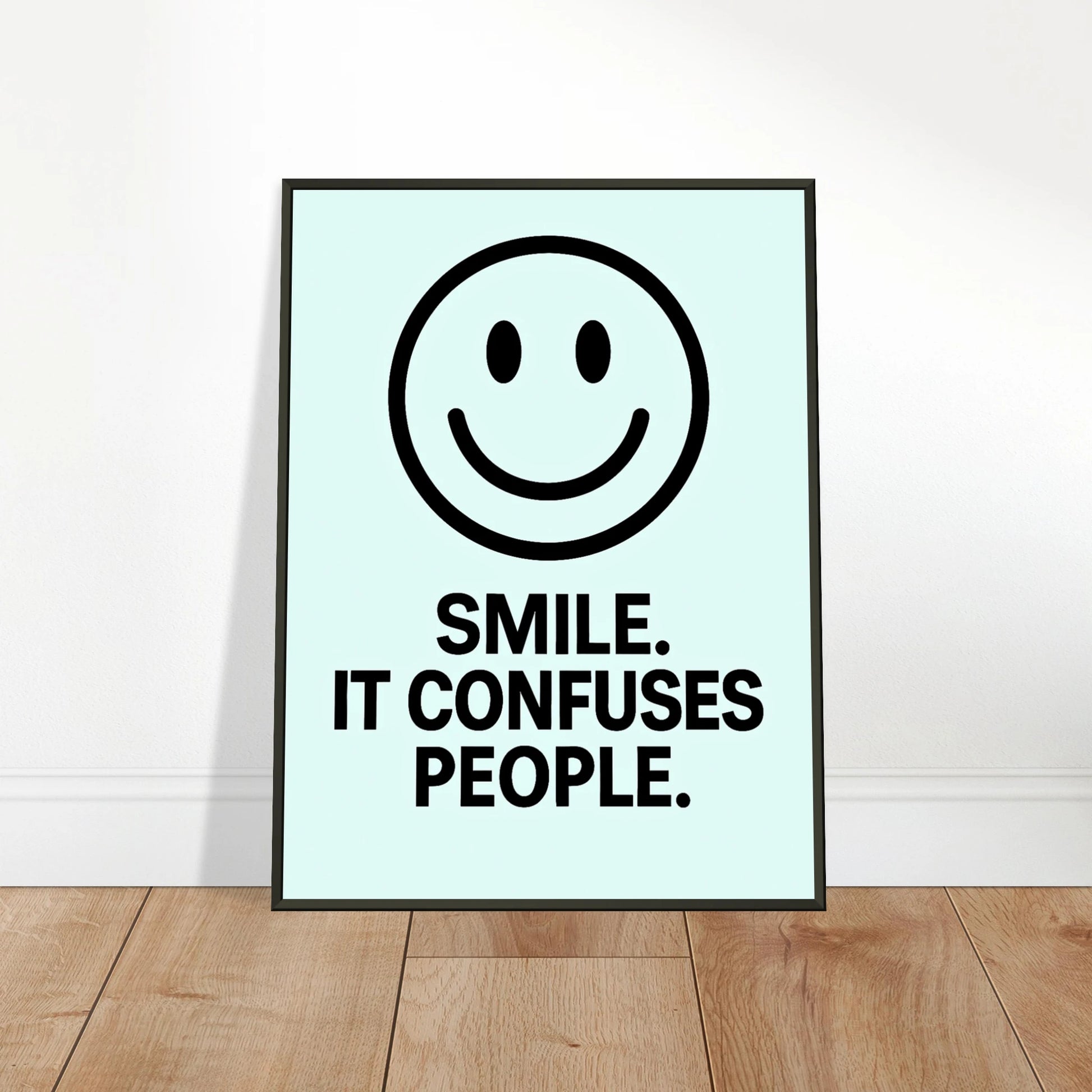 Smile ice blue wall art poster leaning against wall in black metal frame modern hallway decor mockup