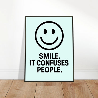 Smile ice blue wall art poster leaning against wall in black metal frame modern hallway decor mockup