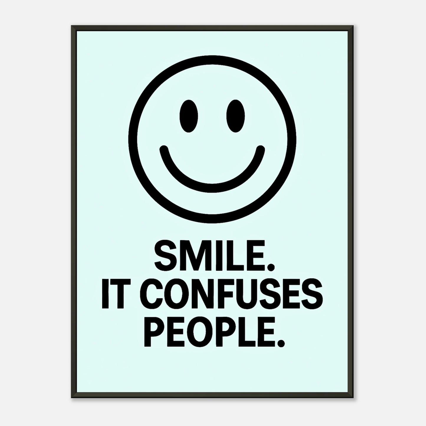 Smile ice blue wall art poster in black metal frame featuring minimalist smiley face and playful typography quote
