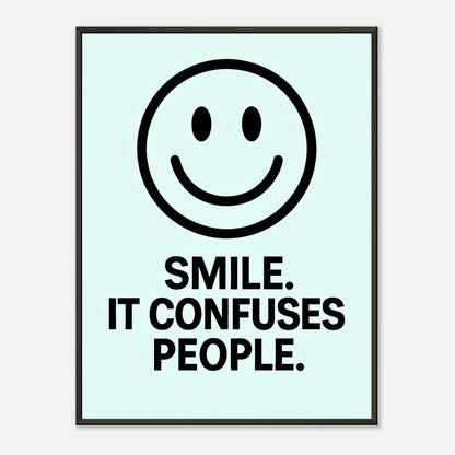 Smile ice blue wall art poster in black metal frame featuring minimalist smiley face and playful typography quote