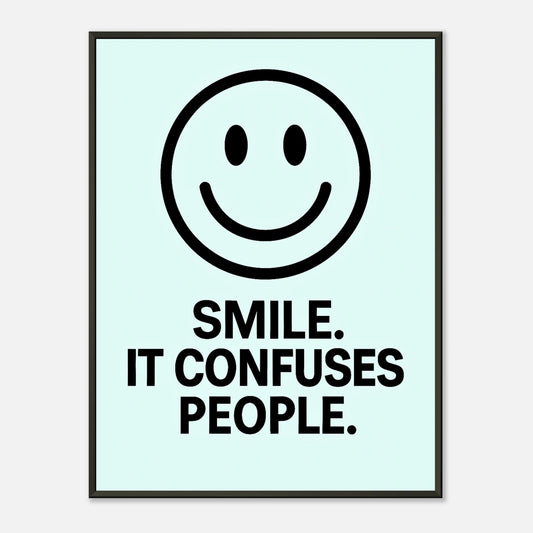 Smile ice blue wall art poster in black metal frame featuring minimalist smiley face and playful typography quote