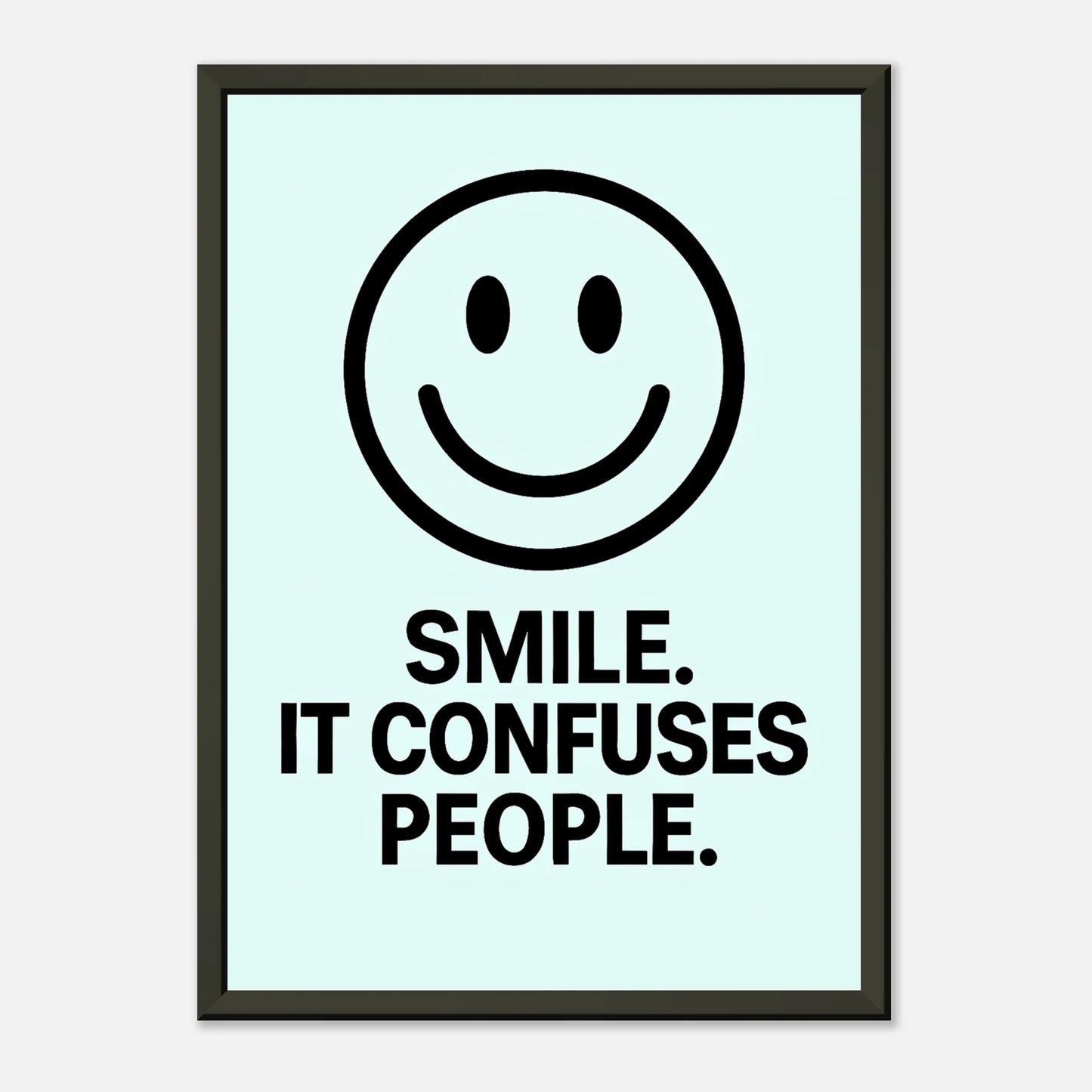Smile minimalist ice blue wall art in black metal frame clean studio presentation for modern interiors