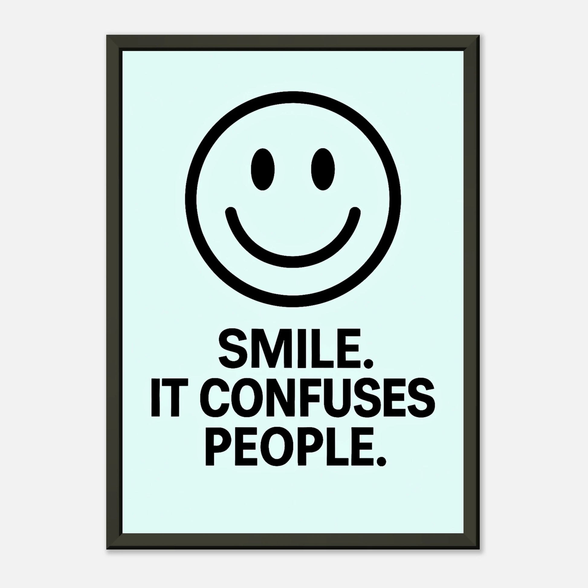 Smile minimalist ice blue wall art in black metal frame clean studio presentation for modern interiors
