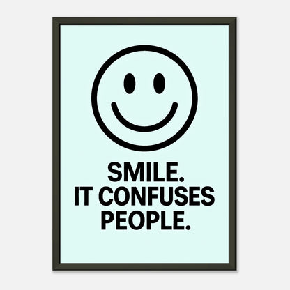 Smile minimalist ice blue wall art in black metal frame clean studio presentation for modern interiors