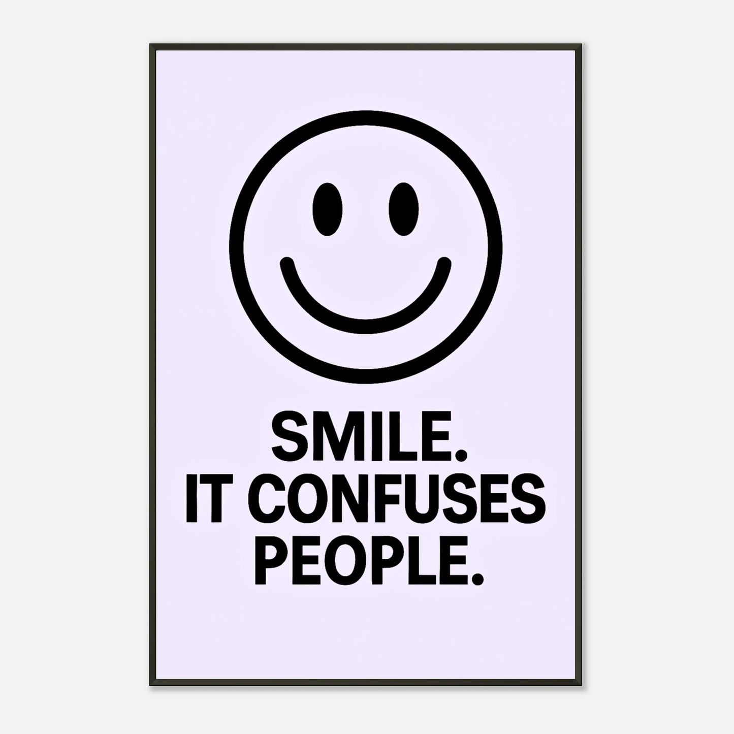 Smile icy lavender typography wall art print in black metal frame with bold modern lettering