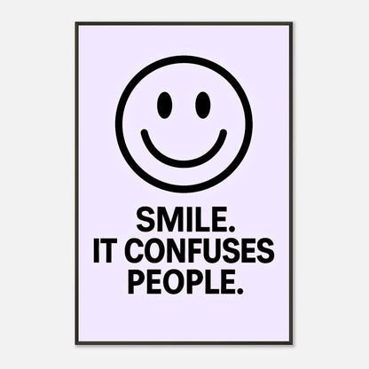 Smile icy lavender typography wall art print in black metal frame with bold modern lettering