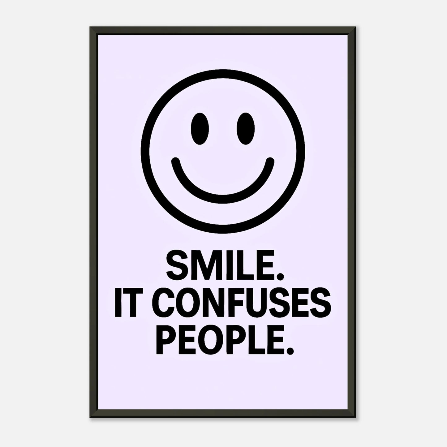 Smile typography wall art poster in black metal frame front view with playful smiley face quote