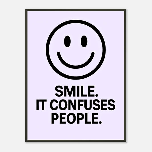 Smile icy lavender wall art poster in black metal frame featuring minimalist smiley typography design