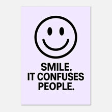 Smile poster – minimalist funny wall art in icy lavender with smiley face and quote “Smile. It Confuses People.”