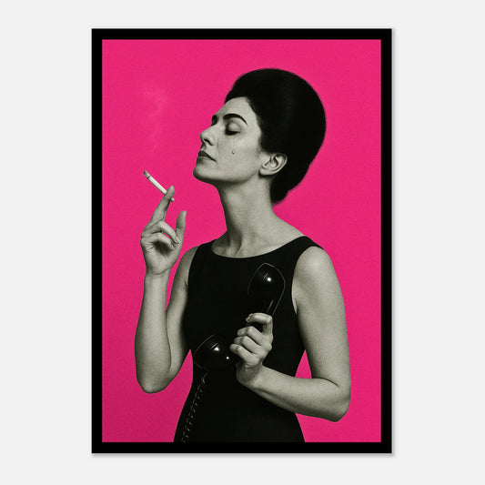 Smoke & Silence pop art poster – modern wall art with woman smoking, bold pink background, vintage style