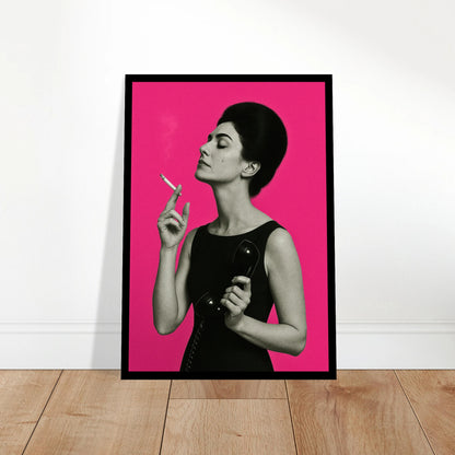 Smoke & Silence poster leaning on floor – pop art wall print with bold vintage style