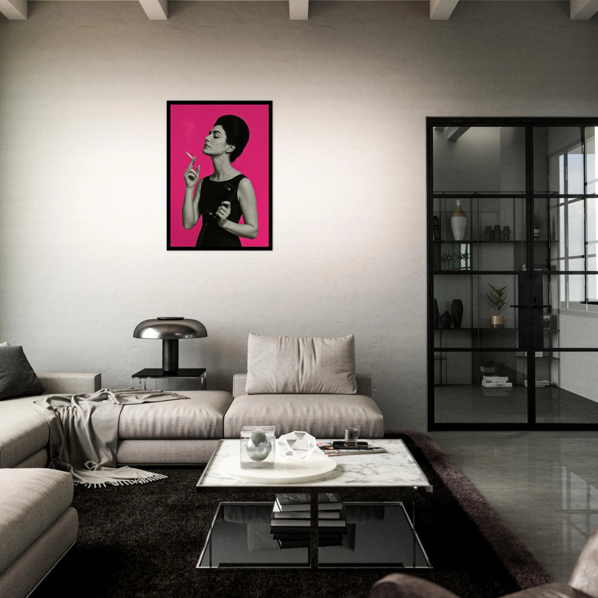 Smoke & Silence poster – bold pop art wall decor in stylish modern living room setting