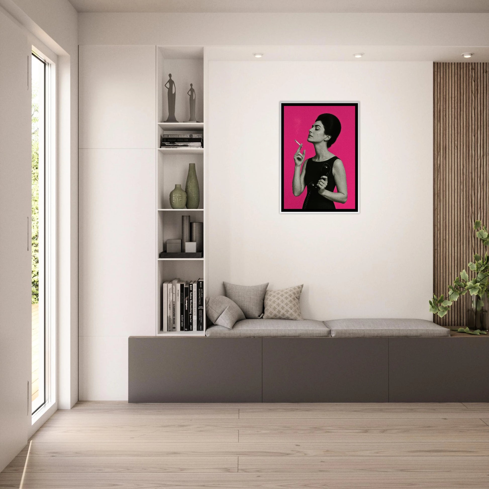 Smoke & Silence Poster im hellen Wohnzimmer – auffälliges Pop-Art-Motiv mit moderner Frau und kontrastreichem Design. Stilvolles Statement-Piece für jede Inneneinrichtung – von Defa Designs.