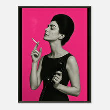 Smoke & Silence vintage wall art poster in black metal frame, cinematic portrait artwork with bold pink background, modern framed wall decor