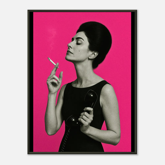 Smoke & Silence vintage wall art poster in black metal frame, cinematic portrait artwork with bold pink background, modern framed wall decor