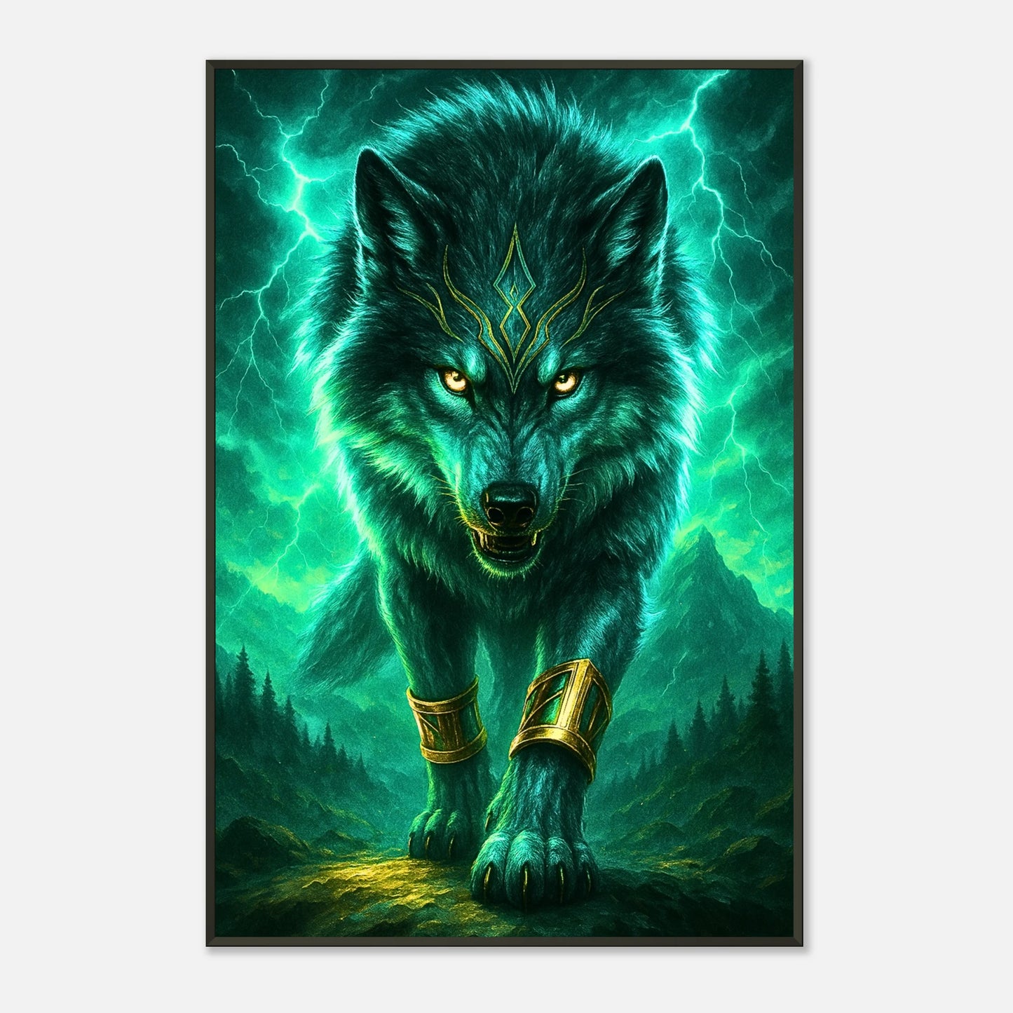 Son of the Storm Fantasy Wolf Wandbild in dunklem modernen Interior, schwarzer Metallrahmen mit starker Wirkung