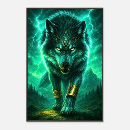 Son of the Storm Fantasy Wolf Wandbild in dunklem modernen Interior, schwarzer Metallrahmen mit starker Wirkung