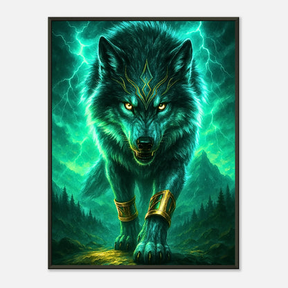 Son of the Storm Fantasy Wolf Wandbild mit schwarzem Metallrahmen, kraftvolles Wolfs Kunstwerk mit leuchtenden Augen