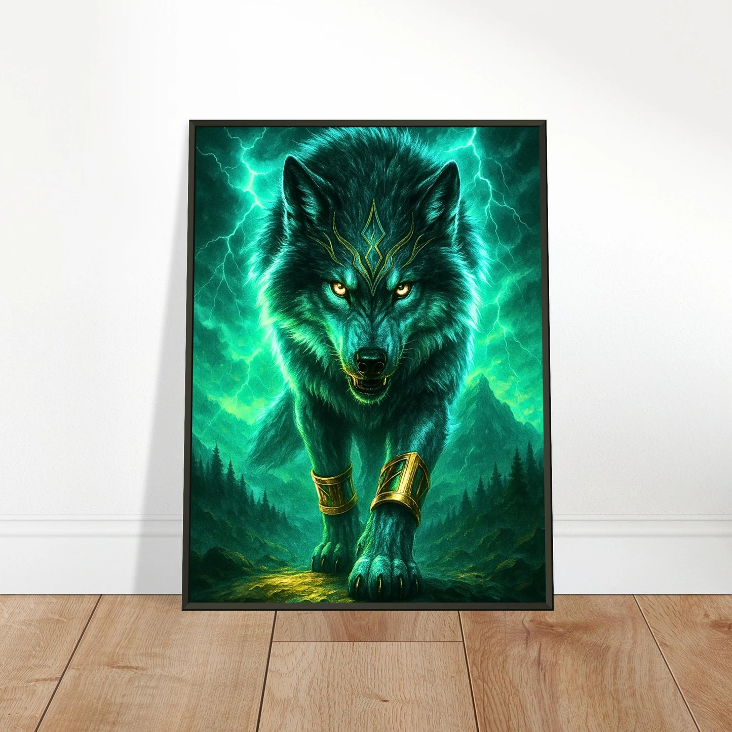 Son of the Storm Wolf Wandbild in hellem modernen Wohnraum, Fantasy Kunst im schwarzen Metallrahmen