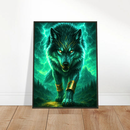 Son of the Storm Wolf Wandbild in hellem modernen Wohnraum, Fantasy Kunst im schwarzen Metallrahmen