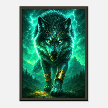 Son of the Storm Wolf Wandkunst frontal dargestellt, Fantasy Wandbild mit schwarzem Metallrahmen