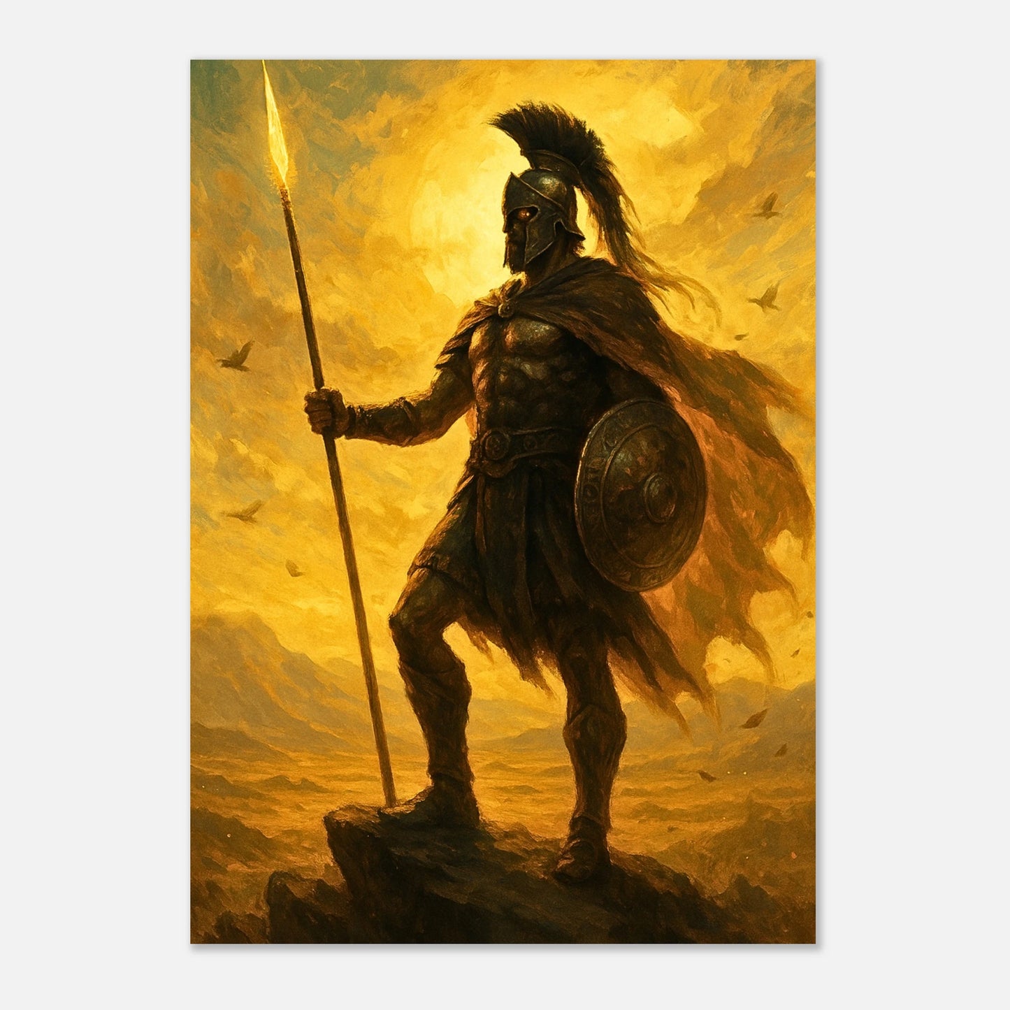 Spartan warrior art print holding spear and shield, golden background wall decor for home