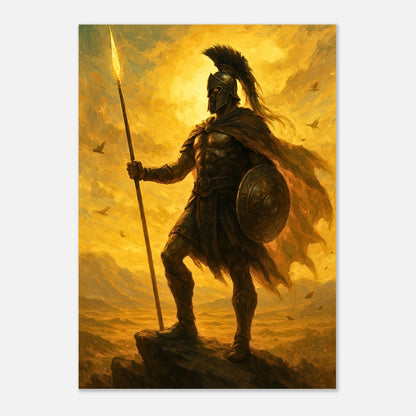 Epic Spartan warrior poster with spear and shield under blazing golden sky, ancient hero wall art
