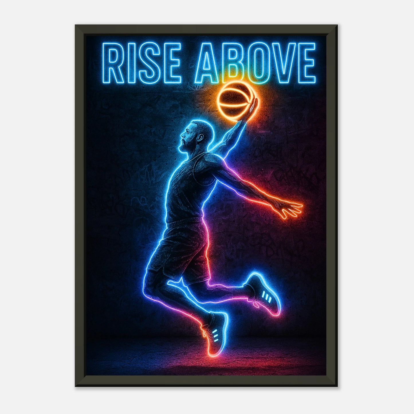 Sport Poster Rise Above – Neon Basketball Kunst im schwarzen Metallrahmen | Moderne Wanddeko mit Energie und Bewegung | DEFA Designs