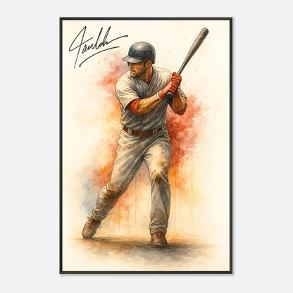 Sportkunst Poster „Power at the Plate – Baseball in Motion“, athletischer Spieler im schwarzen Metallrahmen, moderne Wandkunst | DEFA Designs